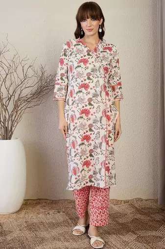 Women Floral Printed Cotton Kurta with Trousers & Dupatta