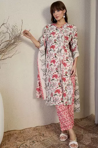 Women Floral Printed Cotton Kurta with Trousers & Dupatta