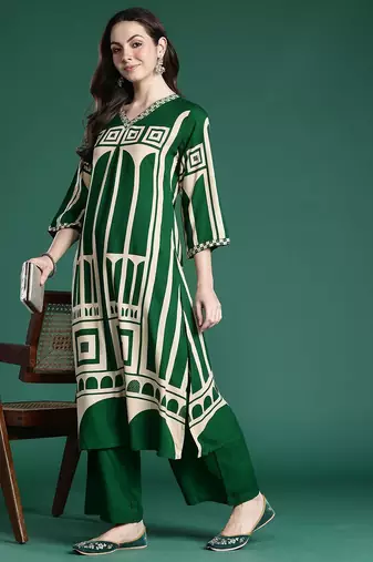 Women Printed Beads and Stones Kurta with Palazzos