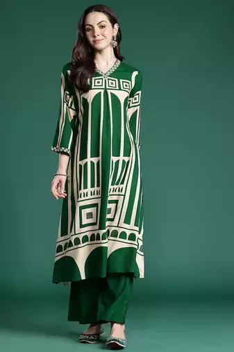 Women Printed Beads and Stones Kurta with Palazzos