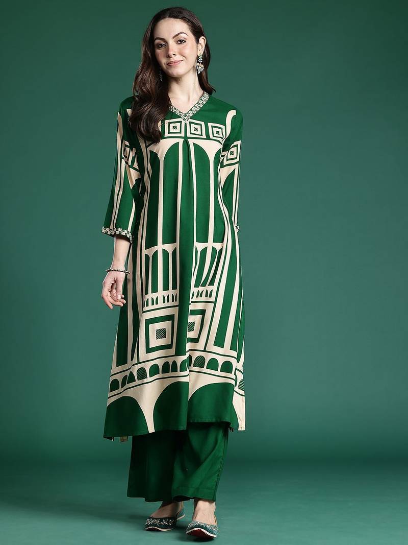 Women Printed Beads and Stones Kurta with Palazzos