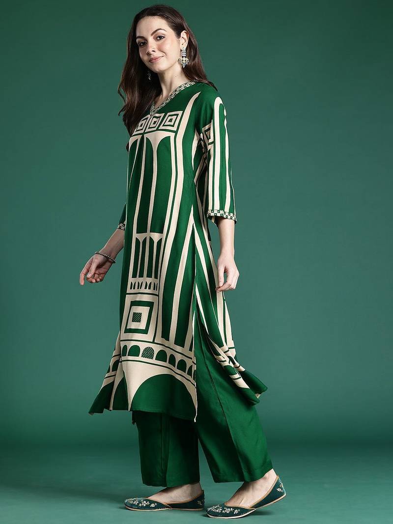 Women Printed Beads and Stones Kurta with Palazzos