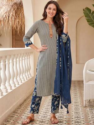 Women Striped Regular Thread Work Pure Cotton Kurta with Trousers & With Dupatta 1