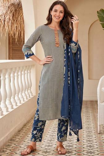 Women Striped Regular Thread Work Pure Cotton Kurta with Trousers & With Dupatta