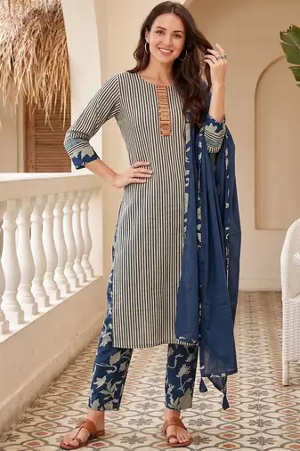 Women Striped Regular Thread Work Pure Cotton Kurta with Trousers & With Dupatta