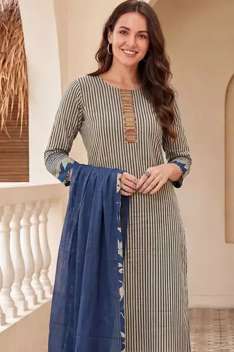 Women Striped Regular Thread Work Pure Cotton Kurta with Trousers & With Dupatta