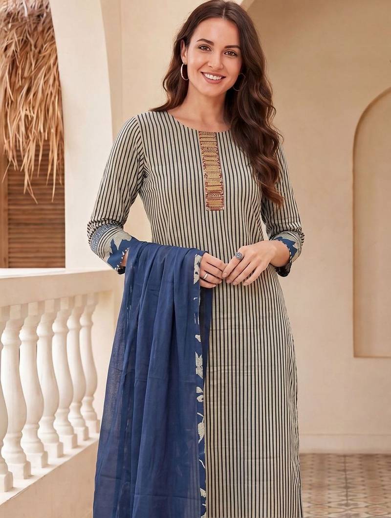 Women Striped Regular Thread Work Pure Cotton Kurta with Trousers & With Dupatta