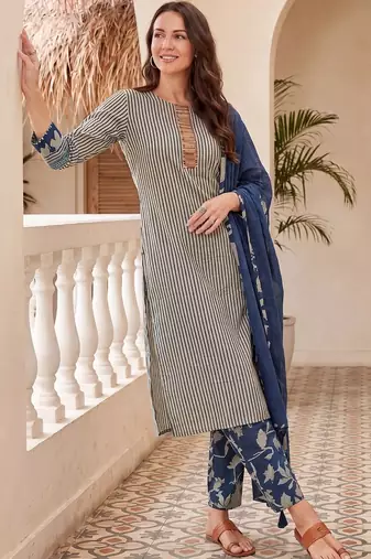 Women Striped Regular Thread Work Pure Cotton Kurta with Trousers & With Dupatta