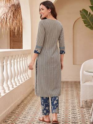 Women Striped Regular Thread Work Pure Cotton Kurta with Trousers & With Dupatta 5