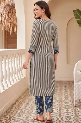Women Striped Regular Thread Work Pure Cotton Kurta with Trousers & With Dupatta