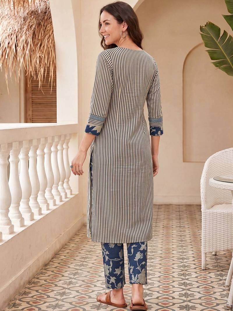 Women Striped Regular Thread Work Pure Cotton Kurta with Trousers & With Dupatta