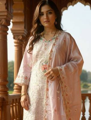 Embroidered V-Neck Thread Work Pure Cotton Straight Kurta With Trousers & Dupatta 1