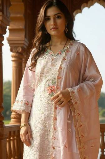 Embroidered V-Neck Thread Work Pure Cotton Straight Kurta With Trousers & Dupatta