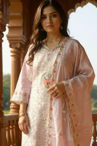 Embroidered V-Neck Thread Work Pure Cotton Straight Kurta With Trousers & Dupatta