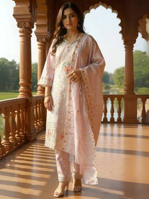 Embroidered V-Neck Thread Work Pure Cotton Straight Kurta With Trousers & Dupatta 2