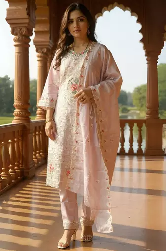 Embroidered V-Neck Thread Work Pure Cotton Straight Kurta With Trousers & Dupatta