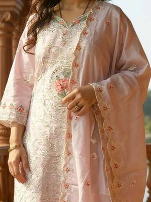 Embroidered V-Neck Thread Work Pure Cotton Straight Kurta With Trousers & Dupatta 3