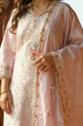 Embroidered V-Neck Thread Work Pure Cotton Straight Kurta With Trousers & Dupatta