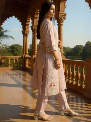 Embroidered V-Neck Thread Work Pure Cotton Straight Kurta With Trousers & Dupatta 4