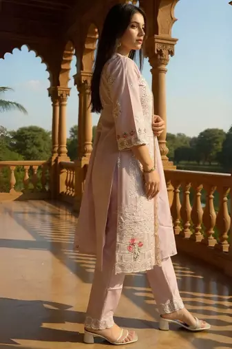 Embroidered V-Neck Thread Work Pure Cotton Straight Kurta With Trousers & Dupatta