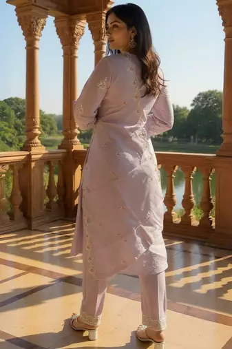 Embroidered V-Neck Thread Work Pure Cotton Straight Kurta With Trousers & Dupatta