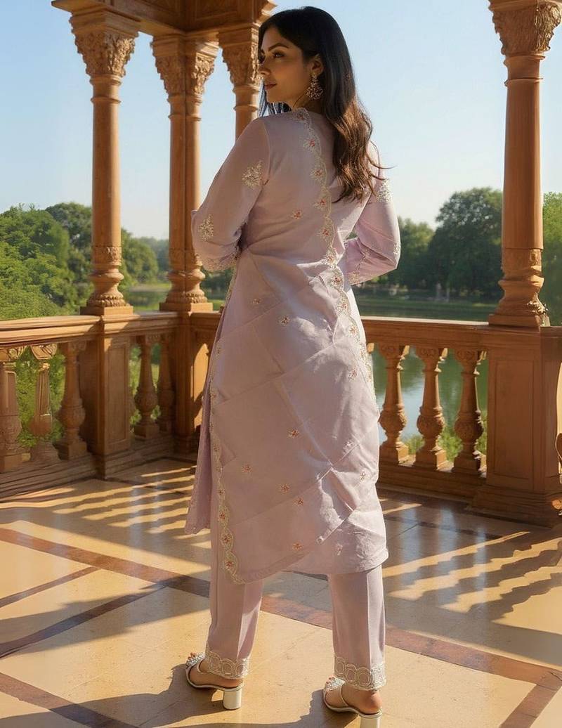 Embroidered V-Neck Thread Work Pure Cotton Straight Kurta With Trousers & Dupatta