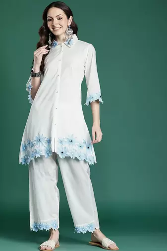 Floral Embroidered Pure Cotton Kurta with Palazzos