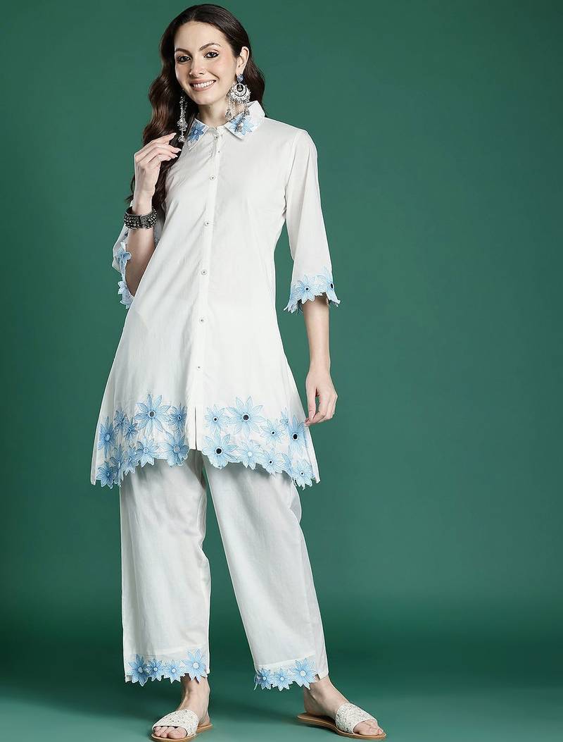 Floral Embroidered Pure Cotton Kurta with Palazzos