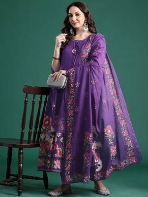 Floral Printed Mirror Work Pure Cotton Kurta With Trousers & Dupatta 1