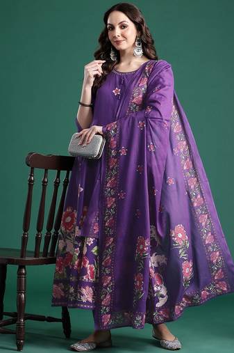 Floral Printed Mirror Work Pure Cotton Kurta With Trousers & Dupatta