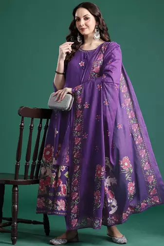 Floral Printed Mirror Work Pure Cotton Kurta With Trousers & Dupatta