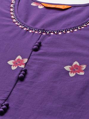 Floral Printed Mirror Work Pure Cotton Kurta With Trousers & Dupatta 2