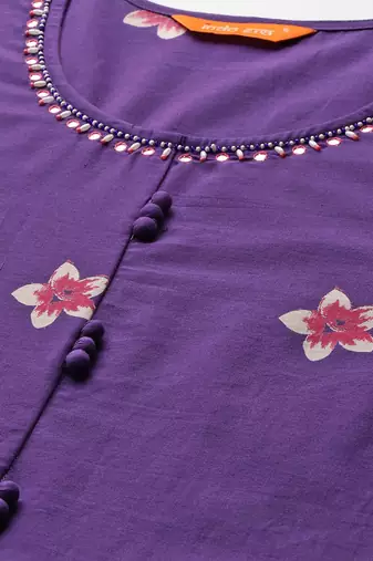 Floral Printed Mirror Work Pure Cotton Kurta With Trousers & Dupatta
