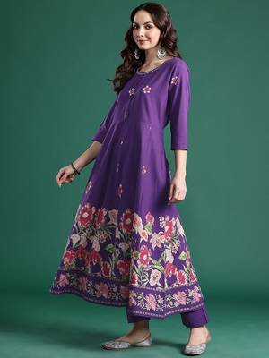 Floral Printed Mirror Work Pure Cotton Kurta With Trousers & Dupatta 5