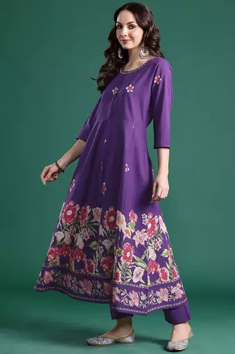 Floral Printed Mirror Work Pure Cotton Kurta With Trousers & Dupatta
