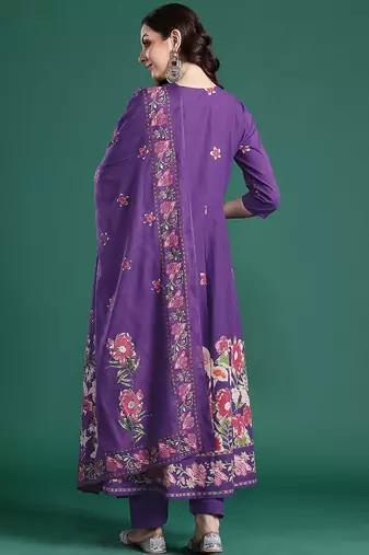 Floral Printed Mirror Work Pure Cotton Kurta With Trousers & Dupatta