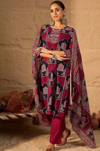 Printed Straight Kurta & Trousers With Dupatta set