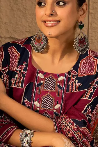 Printed Straight Kurta & Trousers With Dupatta set
