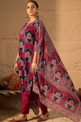 Printed Straight Kurta & Trousers With Dupatta set