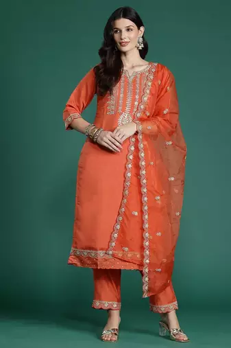 Ethnic Motifs Embroidered Gotta Patti Kurta With Trousers & Dupatta
