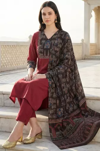 Women Ethnic Motifs Regular Pure Cotton Kurta with Trousers & With Dupatta