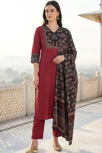Women Ethnic Motifs Regular Pure Cotton Kurta with Trousers & With Dupatta