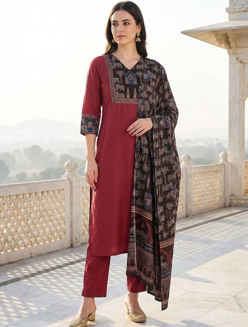 Women Ethnic Motifs Regular Pure Cotton Kurta with Trousers & With Dupatta