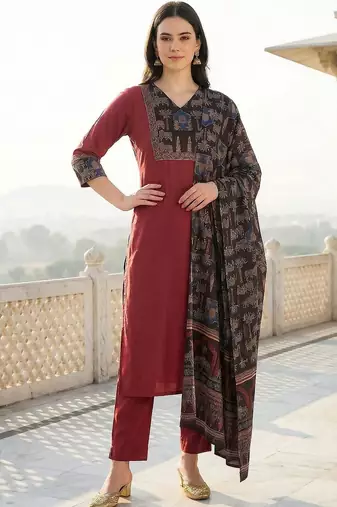 Women Ethnic Motifs Regular Pure Cotton Kurta with Trousers & With Dupatta