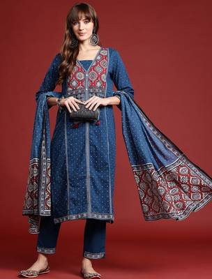 Ethnic Motifs Printed Thread Work Kurta with Trousers & Dupatta 1