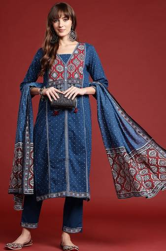 Ethnic Motifs Printed Thread Work Kurta with Trousers & Dupatta