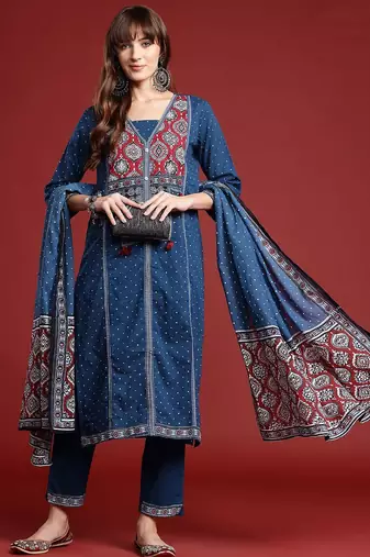 Ethnic Motifs Printed Thread Work Kurta with Trousers & Dupatta