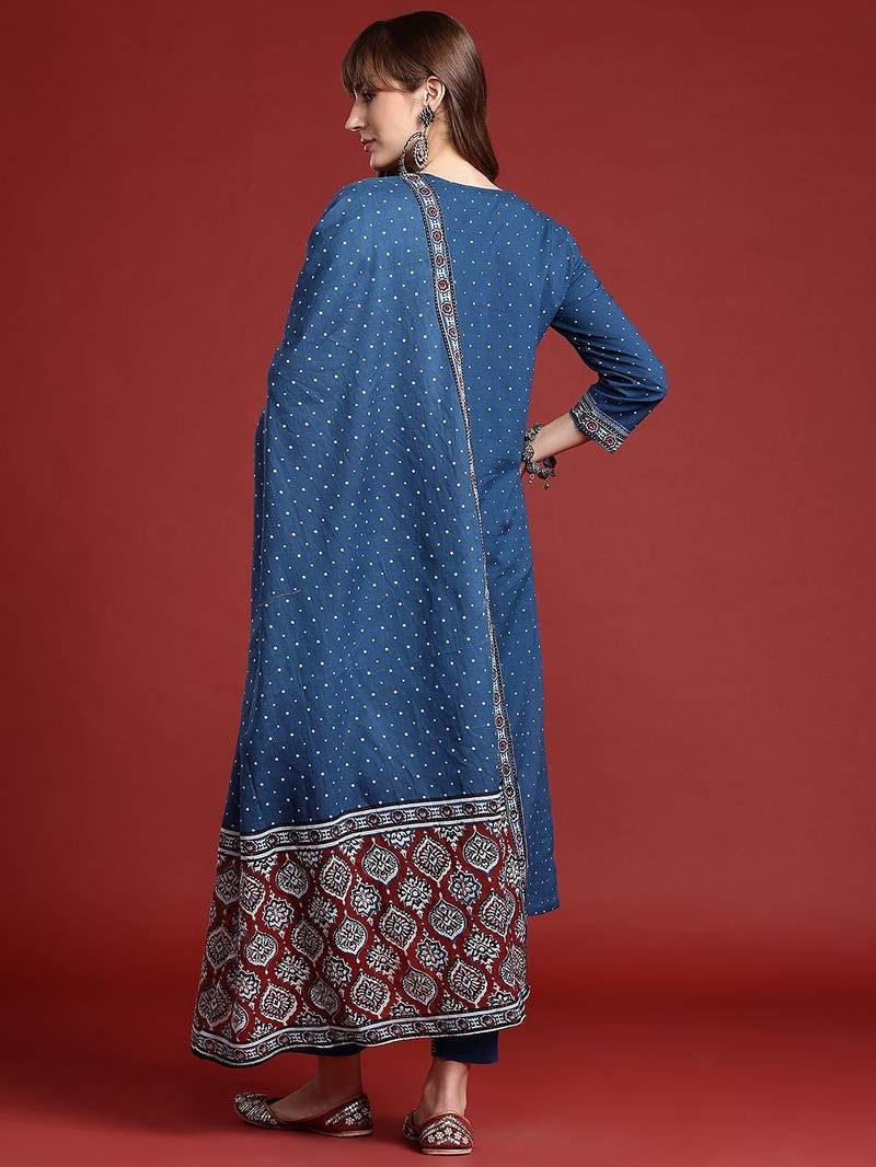 Ethnic Motifs Printed Thread Work Kurta with Trousers & Dupatta