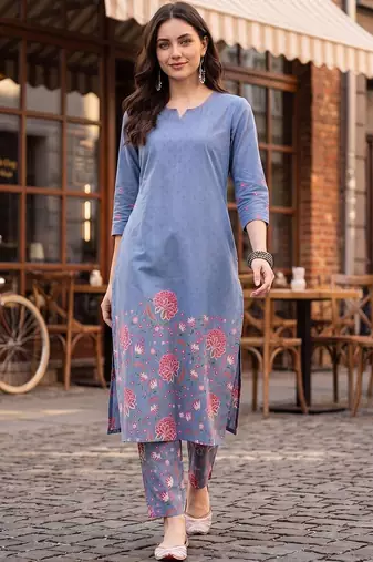 Women Floral Printed Regular Pure Cotton Kurta with Trousers