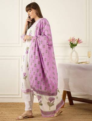 Women Floral Printed Regular Pure Cotton Kurta with Trousers & With Dupatta 3